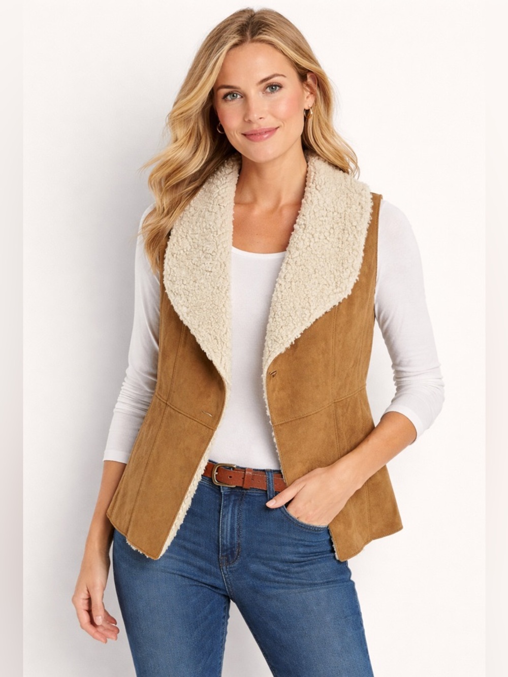 Talbots Petite Women’s Sz M Tan Faux Suede Sherpa‎ Lined Draped Vest Boho Chic